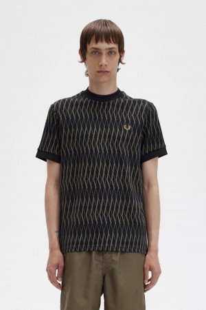 Black Fred Perry Argyle Jacquard Men's T Shirts | LCASX74604