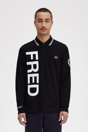 Black Fred Perry Bold Graphic Long Sleeve Fred Perry Shirt Men's Polo Shirts | DCAKV31569