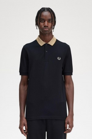 Black Fred Perry Chequerboard Collar Polo Shirt Men's Polo Shirts | ZCAMJ47496