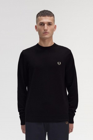 Black Fred Perry Classic Crew Neck Jumper Men's Knitwear | CAIIZ36468