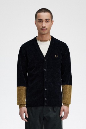 Black Fred Perry Colour Block Chenille Cardigan Men's Knitwear | UCATG20270