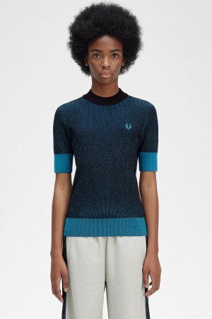 Black Fred Perry Contrast Rib Short Sleeve Jumper Women's Knitwear | CADYB67996