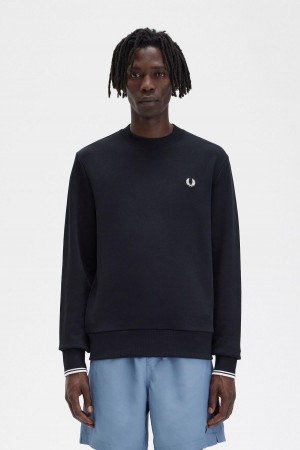 Black Fred Perry Crew Neck Men's Sweatshirts | CAJBT76855