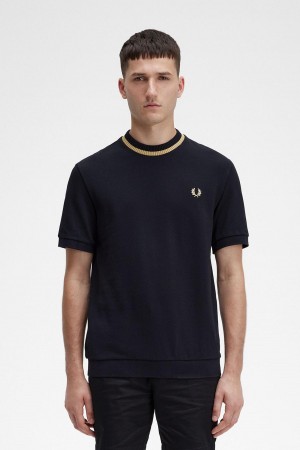 Black Fred Perry Crew Neck Piqué Men's T Shirts | CAXMI98259