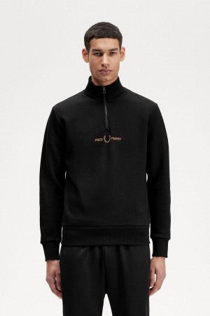 Black Fred Perry Double Graphic Half Zip Men's Sweatshirts | ECAVG21545