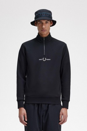 Black Fred Perry Embroidered Half Zip Men's Sweatshirts | TCAPQ55071