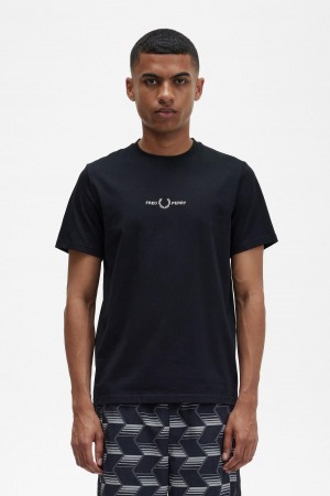 Black Fred Perry Embroidered Men's T Shirts | ACADF79496