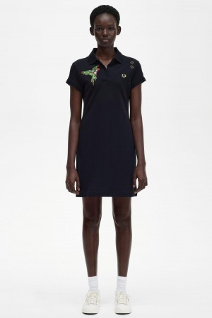 Black Fred Perry Embroidered Piqué Women's Dress | CAZPD67241