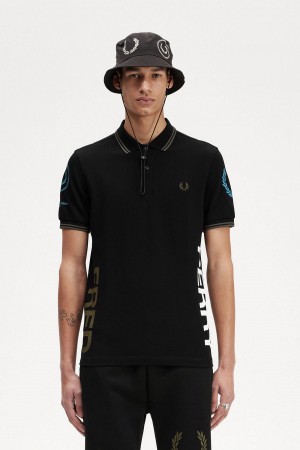 Black Fred Perry Graphic Branded Fred Perry Shirt Men's Polo Shirts | CAEAH44756