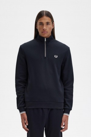 Black Fred Perry Half Zip Men's Sweatshirts | CAXBR52005