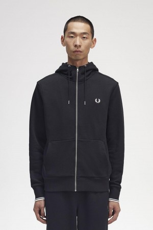 Black Fred Perry Hooded Zip Through Men's Sweatshirts | MCAFT21746