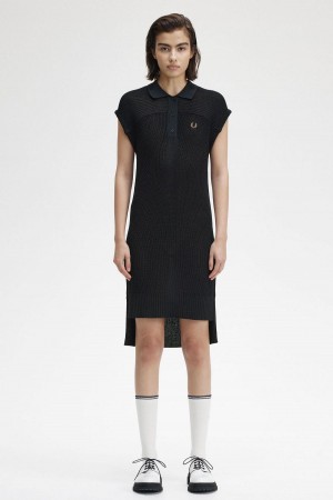 Black Fred Perry Knitted Shirt Women's Dress | UCATG38507