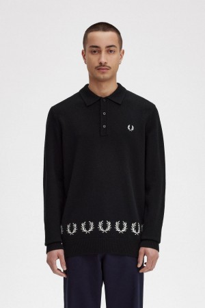 Black Fred Perry Laurel Wreath Trim Knitted Shirt Men's Knitwear | GCAEC20069