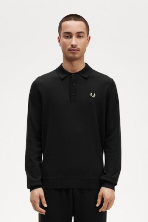 Black Fred Perry Long Sleeve Knitted Shirt Men's Knitwear | MCAFT75749