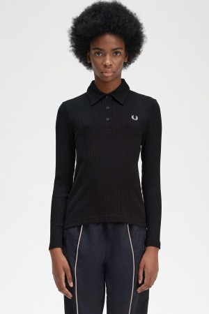 Black Fred Perry Long Sleeve Ribbed Women's Polo Shirts | CAICD33244