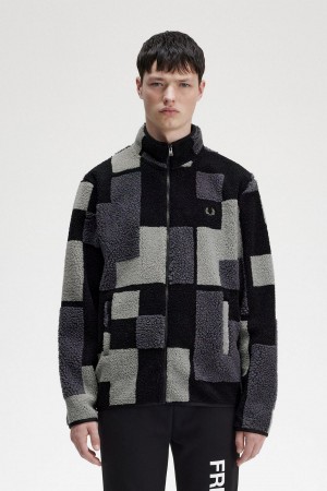 Black Fred Perry Pixel Borg Fleece Men's Sweatshirts | PCAER30077