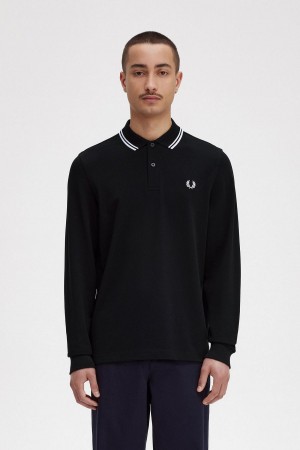 Black Fred Perry Rave Graphic Long Sleeve Fred Perry Shirt Men's Polo Shirts | SCAVO33701