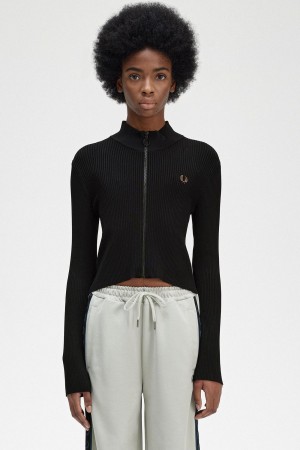 Black Fred Perry Ribbed Zip Through Jumper Women's Knitwear | CAICD36148