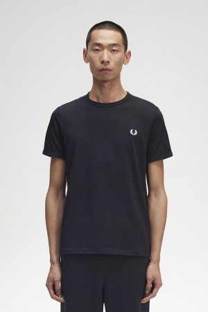 Black Fred Perry Ringer Men's T Shirts | CANEJ82862