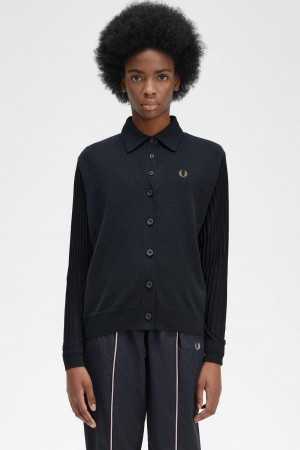 Black Fred Perry Sheer Sleeve Cardigan Women's Knitwear | DCAKV67491