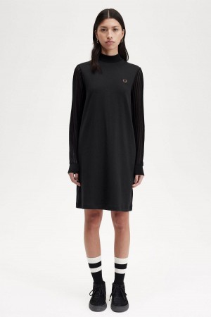 Black Fred Perry Sheer Sleeve Mock Neck Women's Dress | ZCAMJ34267