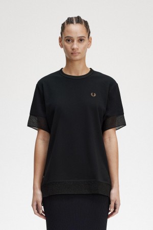 Black Fred Perry Sheer Trim Piqué Women's T Shirts | DCAKV88500