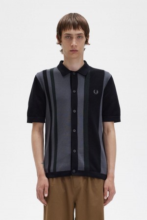 Black Fred Perry Striped Knitted Shirt Men's Knitwear | CAJKU55890