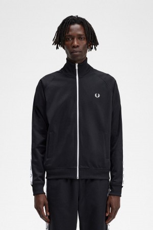 Black Fred Perry Taped Men's Track Jackets | CANZX74179