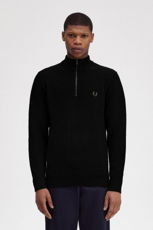 Black Fred Perry Textured Half Zip Jumper Men's Knitwear | LCASX69753