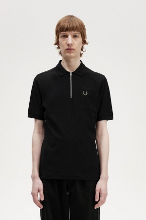 Black Fred Perry Textured Zip Neck Polo Shirt Men's Polo Shirts | DCAVO94902