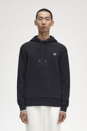 Black Fred Perry Tipped Hooded Men's Sweatshirts | CADFL21687