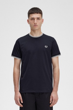 Black Fred Perry Twin Tipped Men's T Shirts | CADFL72843