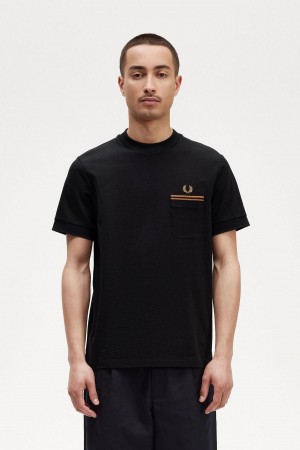 Black Fred Perry Twin Tipped Pocket Men's T Shirts | DCAVO86077