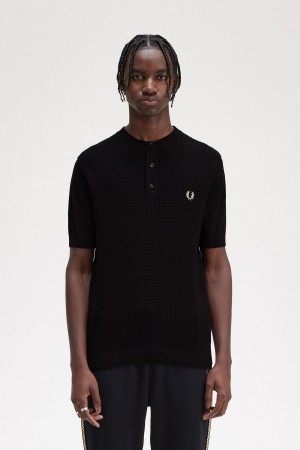 Black Fred Perry Waffle Stitch Henley Shirt Men's Knitwear | ACADF58484