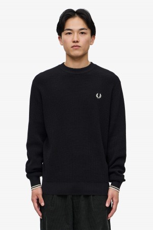 Black Fred Perry Waffle Stitch Jumper Men's Knitwear | CAEAH17361