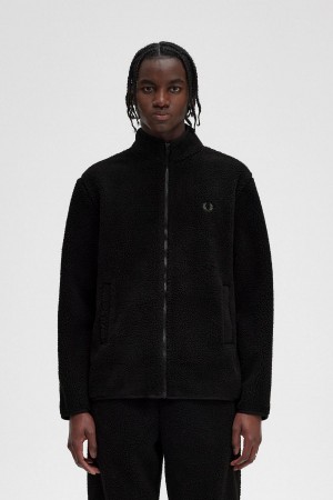 Black Fred Perry Zip Through Borg Fleece Men's Sweatshirts | CAEGJ49650