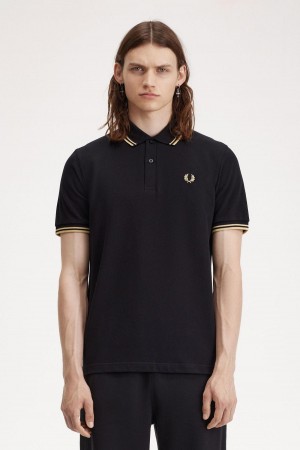 Black / Champagne / Champagne Fred Perry Osaka M12 Men's Polo Shirts | GCAEC38248