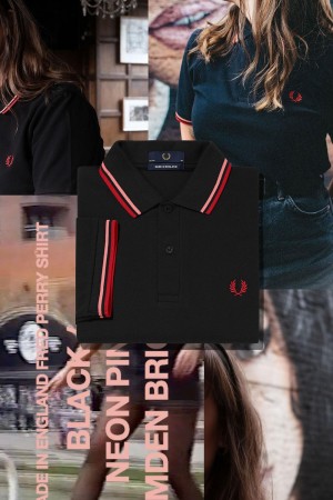 Black / Coral Heat / Camden Brick Fred Perry M12 Men's Fred Perry Shirt | GCAUC73599