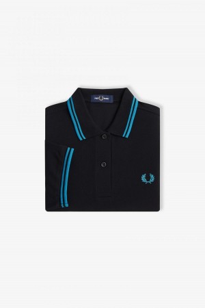 Black / Cyber Blue / Cyber Blue Fred Perry G3600 Women's Fred Perry Shirt | CAICD37498