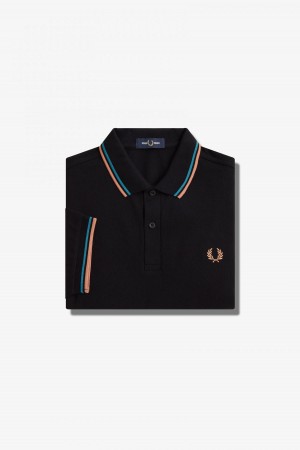 Black / Cyber Blue / Light Rust Fred Perry M3600 Men's Fred Perry Shirt | YCAVQ62149