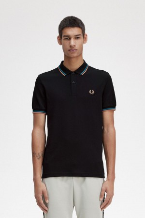 Black / Cyber Blue / Light Rust Fred Perry M3600 Men's Polo Shirts | YCAVQ98090