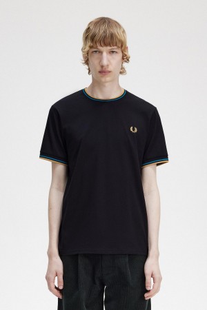 Black / Cyber Blue / Light Rust Fred Perry Twin Tipped Men's T Shirts | CANZX99739