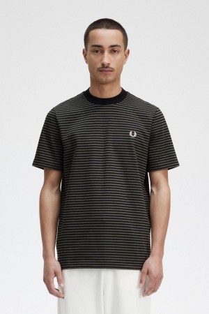 Black / Field Green Fred Perry Fine Stripe Heavyweight Men's T Shirts | CAZPD73314