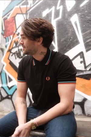 Black / Hamburg Sky Blue / Orange Spray Paint Fred Perry M12 Men's Polo Shirts | MCAFT31883