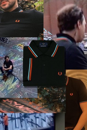 Black / Hamburg Sky Blue / Orange Spray Paint Fred Perry M12 Men's Fred Perry Shirt | LCATR86228