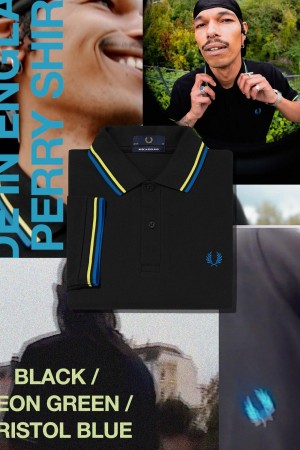 Black / Neon Green / Bristol Blue Fred Perry M12 Men's Fred Perry Shirt | PCAQX29993