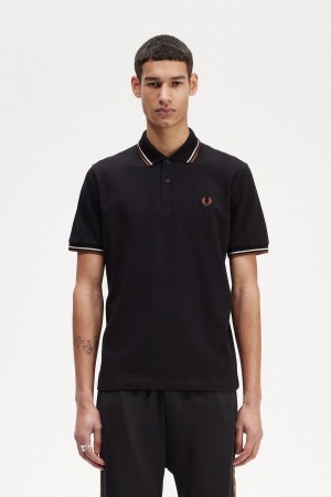 Black / Oatmeal / Whisky Brown Fred Perry M12 Men's Polo Shirts | CADYB80682