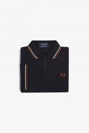 Black / Oatmeal / Whisky Brown Fred Perry M12 Men's Fred Perry Shirt | CAEGJ90777