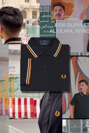 Black / Pastel Blue / Riyadh Gold Fred Perry M12 Men's Polo Shirts | ACADF35169