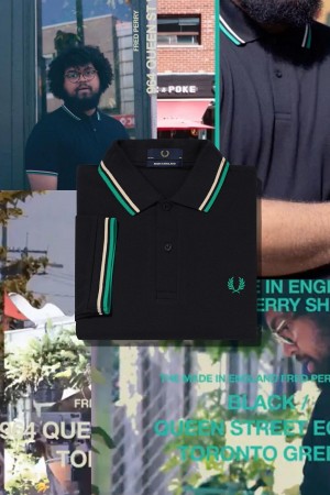 Black / Queen Street / Toronto Green Fred Perry M12 Men's Fred Perry Shirt | BCASD77116